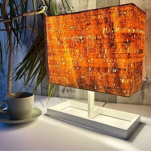 🌴Relaxing Rectangular Geometric White Table Lamp with Cork Textured Lamp Shade